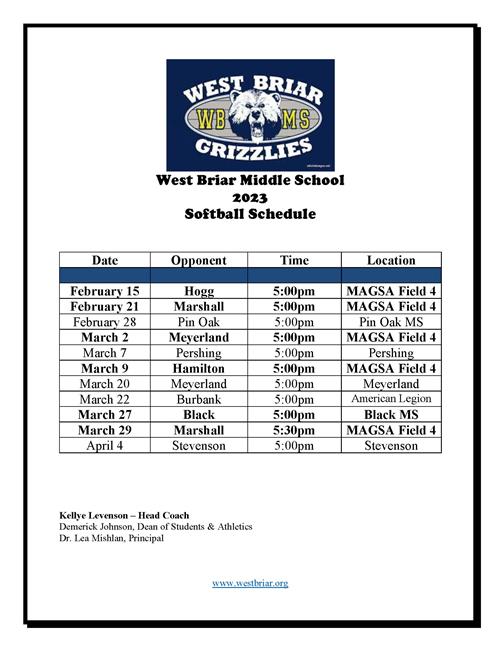 WBMS Softball Schedule 2023